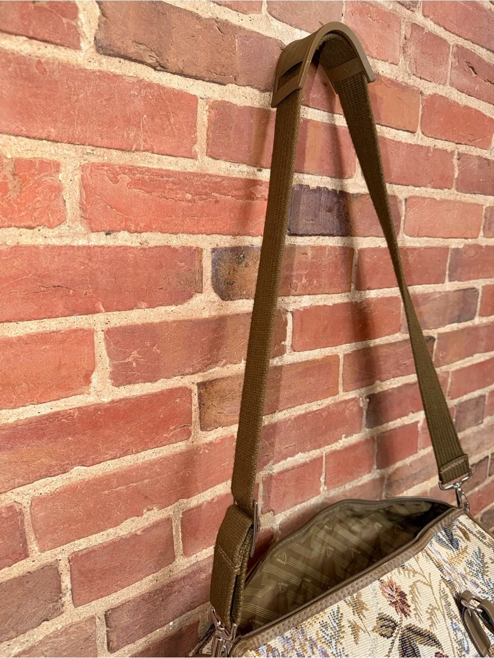 Jordache Floral Tapestry Satchel Handle Bag Shoulder Strap Olive Brown Trim